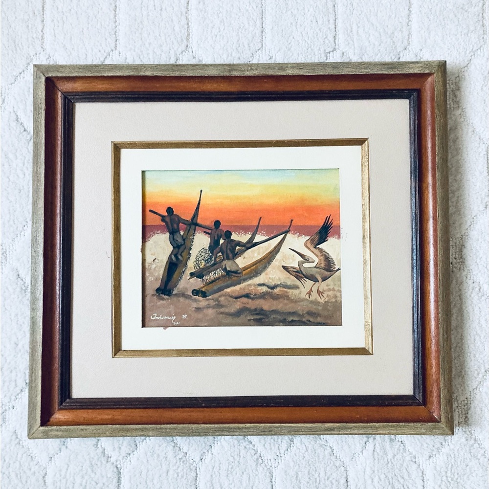 Gorgeous Framed Painting Wall Art wooden Frame Signed coastal sea boat